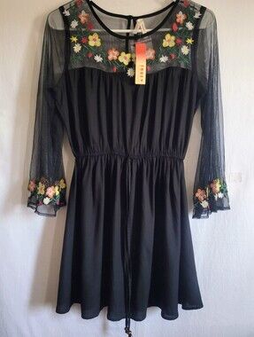 True Destiny..  Black Floral Embroidered Mesh Dress, Sleeve Boho Mini Dress.